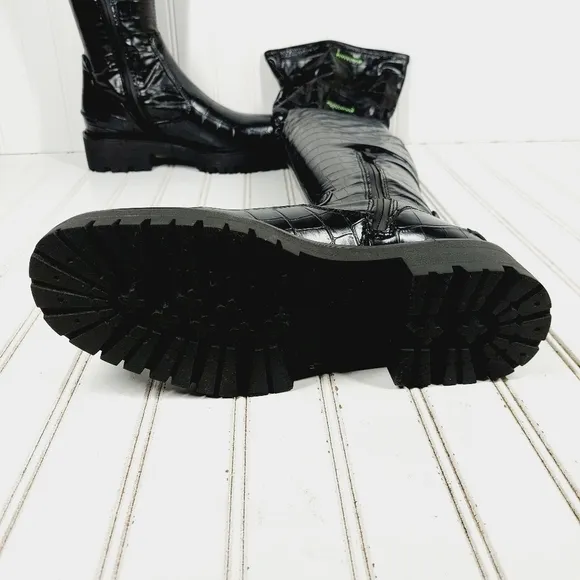 New Sarto Studio Fera Black Croc Print Knee High Winter Boots M576