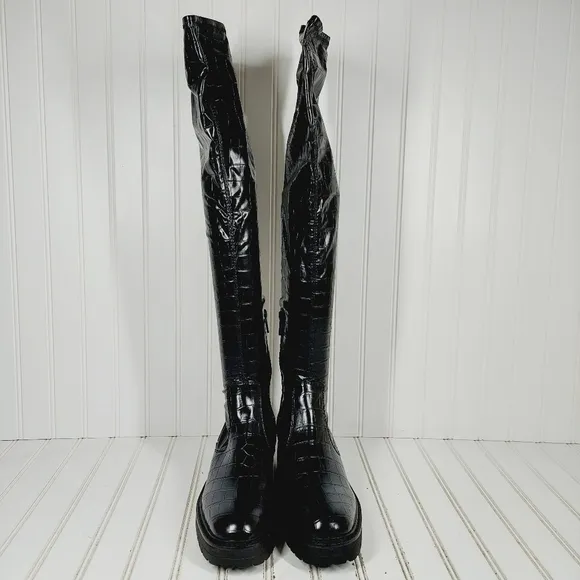 New Sarto Studio Fera Black Croc Print Knee High Winter Boots M576