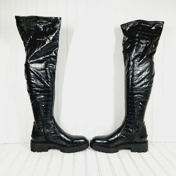 New Sarto Studio Fera Black Croc Print Knee High Winter Boots M576