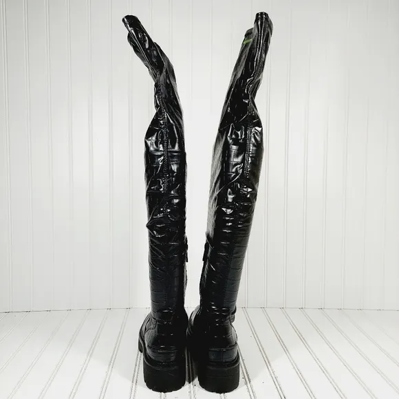 New Sarto Studio Fera Black Croc Print Knee High Winter Boots M576