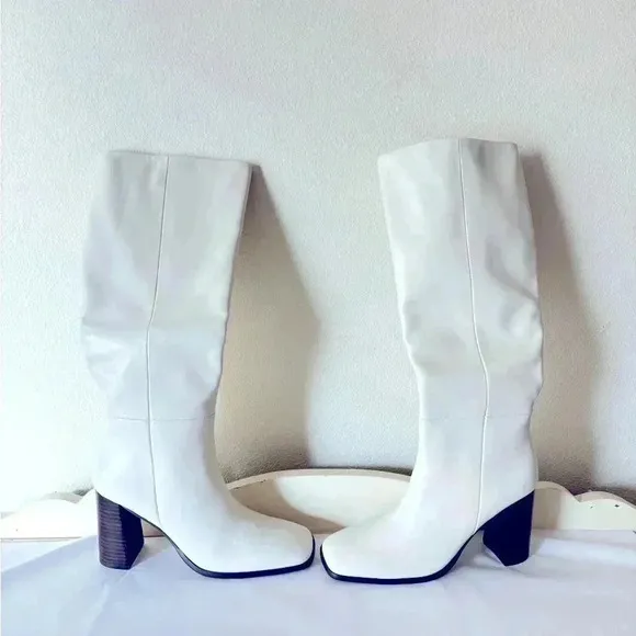 NEW SENSO Zander Kid Leather White Knee High Chunky Heel Square Toe Boot Size 7