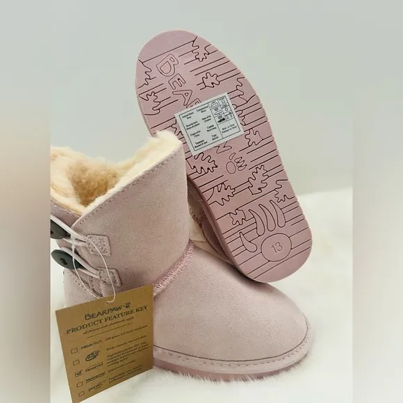 New! So cute Bearpaw Rosaline Youth Pale Pink Leather Boots. Size 13