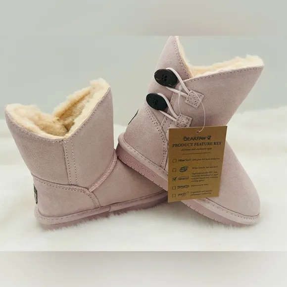 New! So cute Bearpaw Rosaline Youth Pale Pink Leather Boots. Size 13