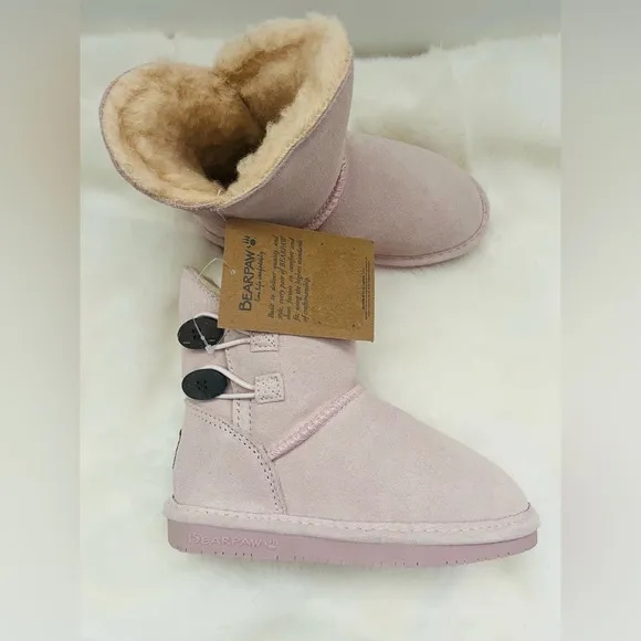 New! So cute Bearpaw Rosaline Youth Pale Pink Leather Boots. Size 13