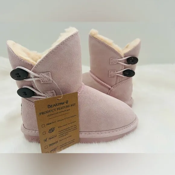 New! So cute Bearpaw Rosaline Youth Pale Pink Leather Boots. Size 13