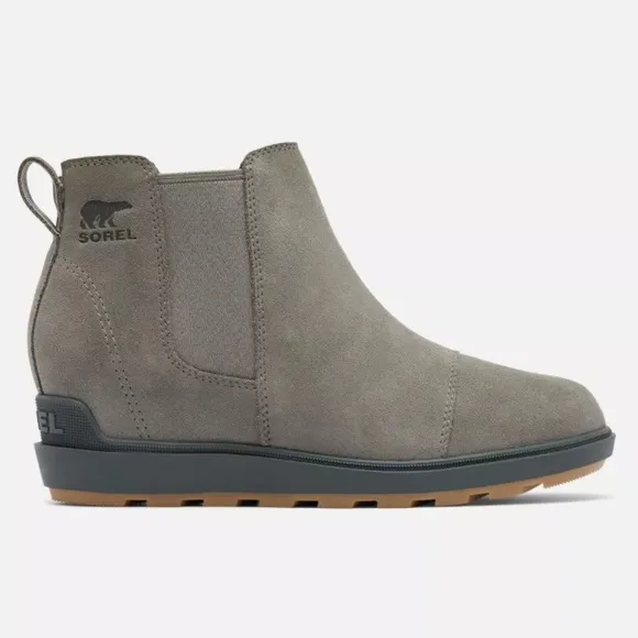 NEW SOREL EVIE II QUARRY, GRILL GRAY ANKLE HIDDEN WEDGE CHELSEA BOOTS SIZE 9.5.