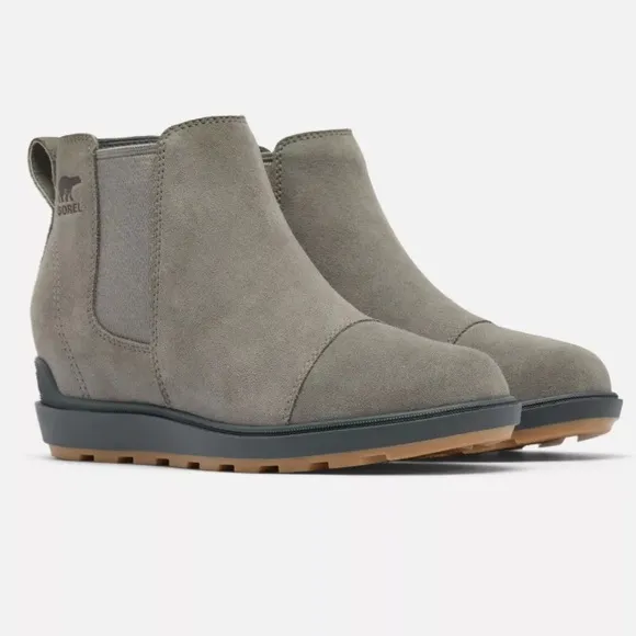NEW SOREL EVIE II QUARRY, GRILL GRAY ANKLE HIDDEN WEDGE CHELSEA BOOTS SIZE 9.5.