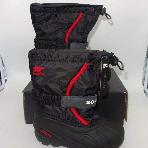 New Sorel Flurry Insulated Snow Boots Black Red Children's  Kids Size 6