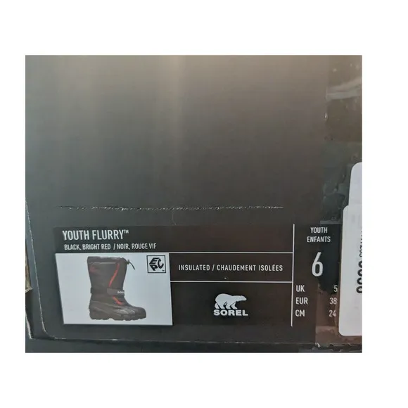 New Sorel Flurry Insulated Snow Boots Black Red Children's  Kids Size 6