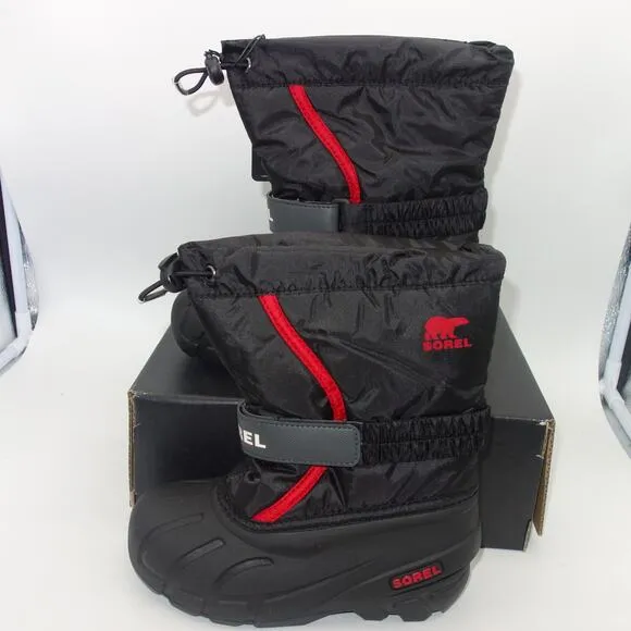New Sorel Flurry Insulated Snow Boots Black Red Children's  Kids Size 6