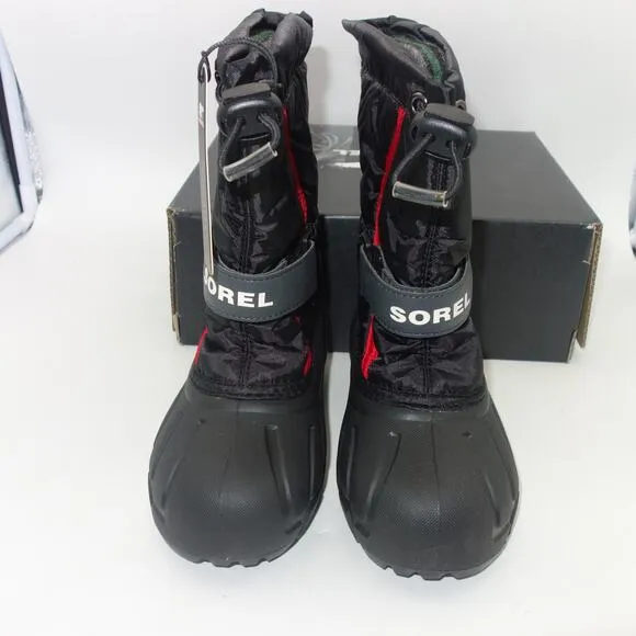 New Sorel Flurry Insulated Snow Boots Black Red Children's  Kids Size 6