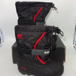New Sorel Flurry Insulated Snow Boots Black Red Children's  Kids Size 6