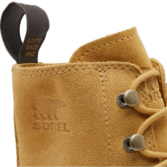 New SOREL Hi-Line Leather Platform Combat Boots Geo Yellow/Jet Waterproof Size 9