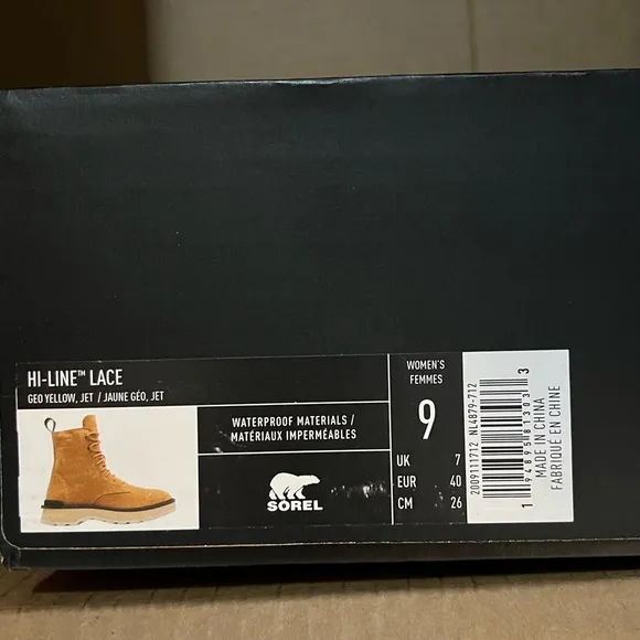 New SOREL Hi-Line Leather Platform Combat Boots Geo Yellow/Jet Waterproof Size 9