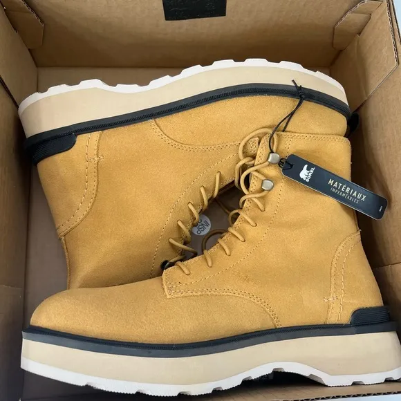 New SOREL Hi-Line Leather Platform Combat Boots Geo Yellow/Jet Waterproof Size 9