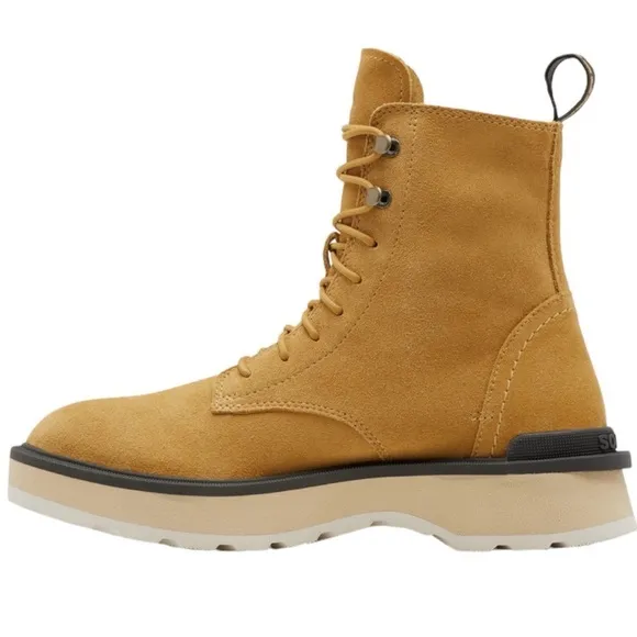 New SOREL Hi-Line Leather Platform Combat Boots Geo Yellow/Jet Waterproof Size 9