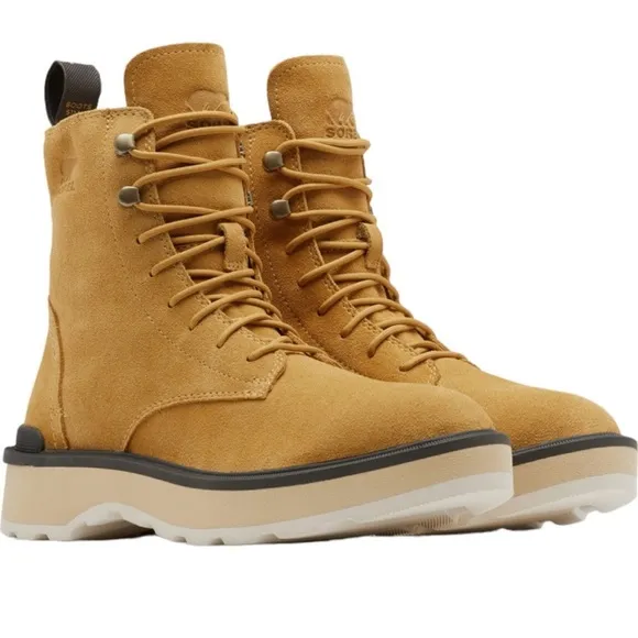New SOREL Hi-Line Leather Platform Combat Boots Geo Yellow/Jet Waterproof Size 9