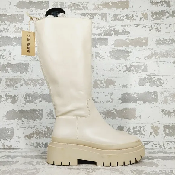 NEW Steve Madden Women's Macall White Chunky Heel Fashion Boots T726