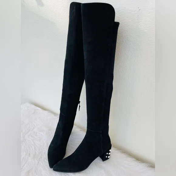 NEW! Stuart WeitzmanBlack Suede - Knee-High - Pearl detail riding boots Size 8
