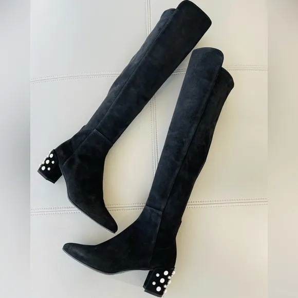 NEW! Stuart WeitzmanBlack Suede - Knee-High - Pearl detail riding boots Size 8