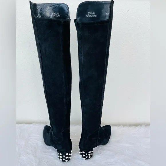 NEW! Stuart WeitzmanBlack Suede - Knee-High - Pearl detail riding boots Size 8