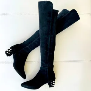 NEW! Stuart WeitzmanBlack Suede - Knee-High - Pearl detail riding boots Size 8