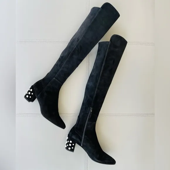 NEW! Stuart WeitzmanBlack Suede - Knee-High - Pearl detail riding boots Size 8