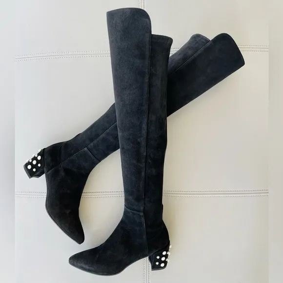 NEW! Stuart WeitzmanBlack Suede - Knee-High - Pearl detail riding boots Size 8