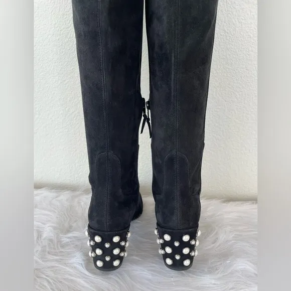 NEW! Stuart WeitzmanBlack Suede - Knee-High - Pearl detail riding boots Size 8