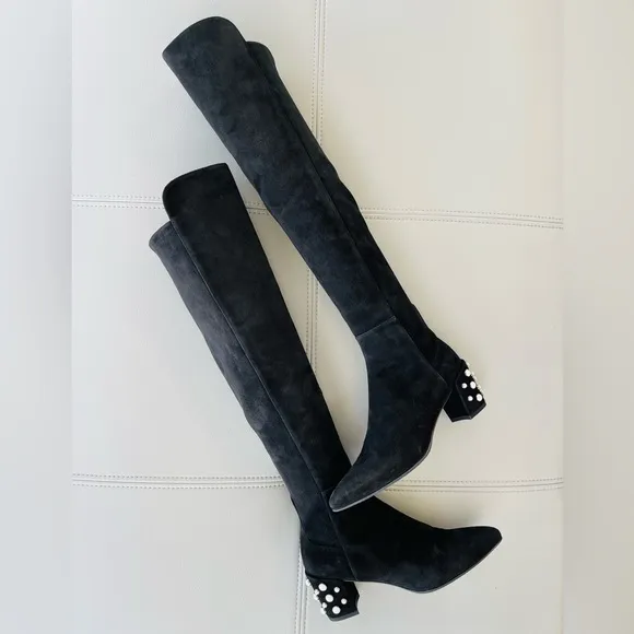 NEW! Stuart WeitzmanBlack Suede - Knee-High - Pearl detail riding boots Size 8