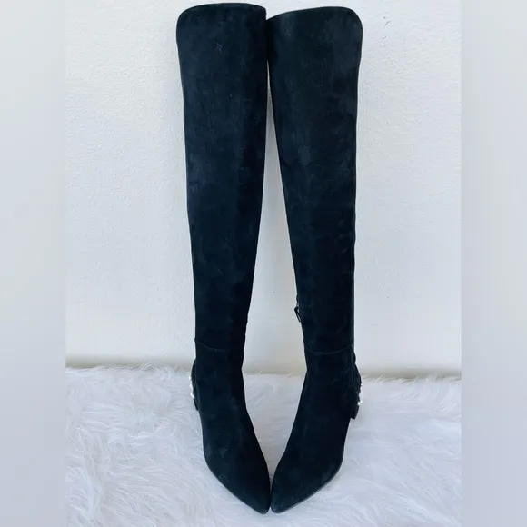 NEW! Stuart WeitzmanBlack Suede - Knee-High - Pearl detail riding boots Size 8