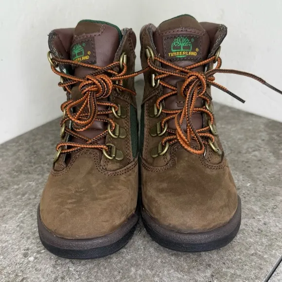 NEW Timberland 6&quot; Field Boots Brown Nubuck Green Nylon Little Kids 12