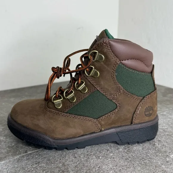 NEW Timberland 6&quot; Field Boots Brown Nubuck Green Nylon Little Kids 12
