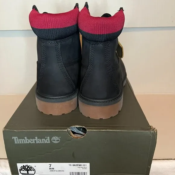 NEW Timberland Premium 6-Inch Waterproof Boots Black Nubuck with Red Junior 7M