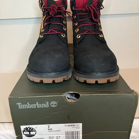 NEW Timberland Premium 6-Inch Waterproof Boots Black Nubuck with Red Junior 7M