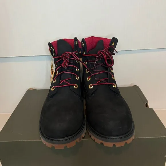 NEW Timberland Premium 6-Inch Waterproof Boots Black Nubuck with Red Junior 7M