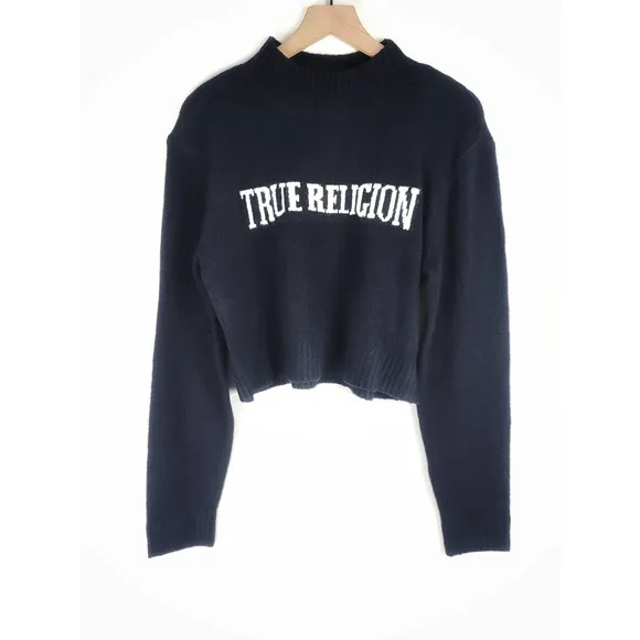 NEW TRUE RELIGION BLACK CROPPED WOMEN'S LOGO SWEATER - SIZE LARGE