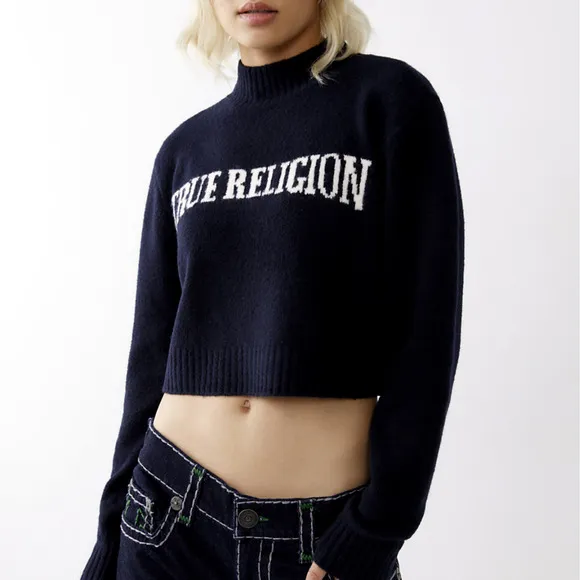 NEW TRUE RELIGION BLACK CROPPED WOMEN'S LOGO SWEATER - SIZE LARGE