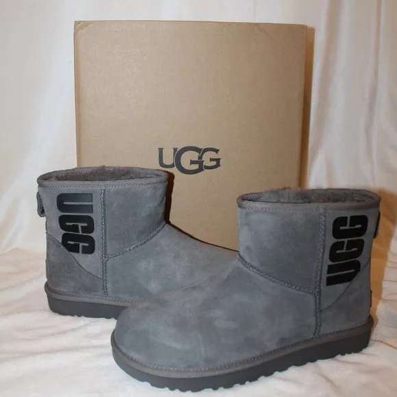 NEW UGG MINI‎ LOGO SUEDE SHEARLING LINED ANKLE WINTER BOOTS GRAY BLACK