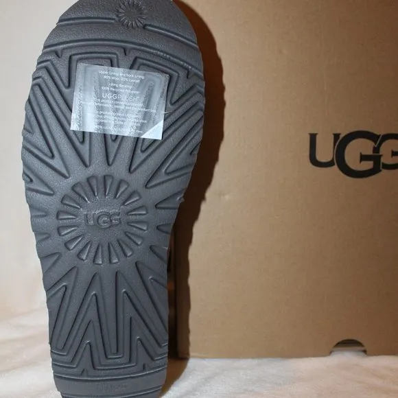 NEW UGG MINI‎ LOGO SUEDE SHEARLING LINED ANKLE WINTER BOOTS GRAY BLACK