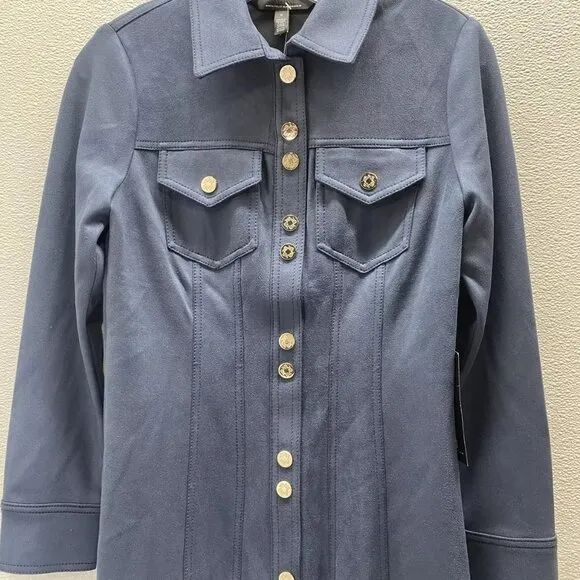 NEW WHITE HOUSE BLACK MARKET Long Sleeve Faux Suede Shacket Dress Size 0 Blue