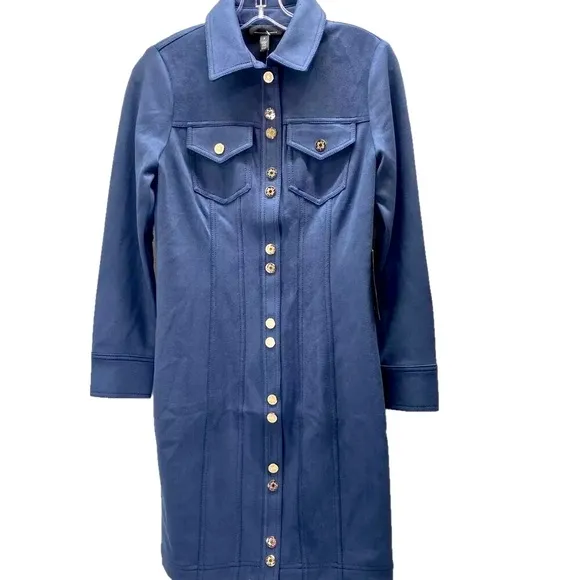 NEW WHITE HOUSE BLACK MARKET Long Sleeve Faux Suede Shacket Dress Size 0 Blue