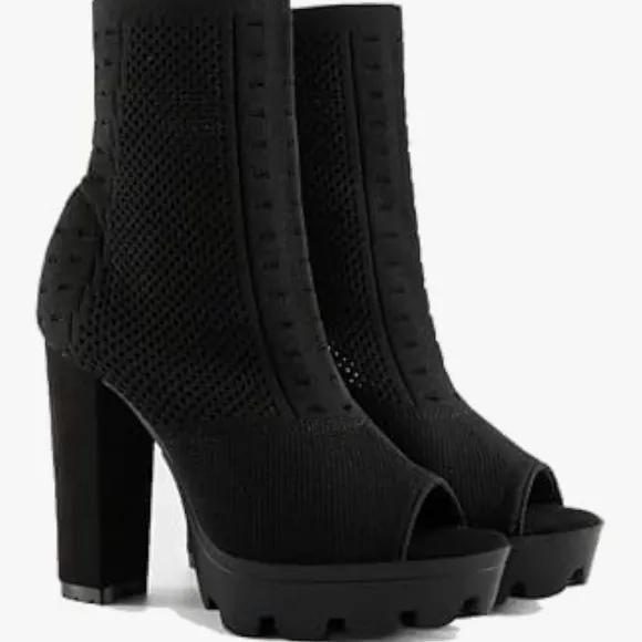 Newbella Mousse Fit Women's Open Toe Chunky Heel Ankle Boots Nylon Upper Mesh