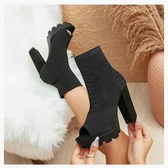 Newbella Mousse Fit Women's Open Toe Chunky Heel Ankle Boots Nylon Upper Mesh