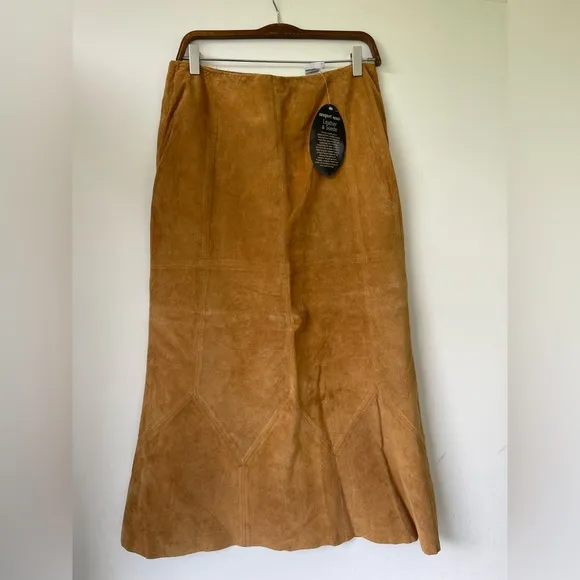 Newport News Easy Style Tan Suede Midi Skirt Size 14P Back Zip 100% Leather NWT