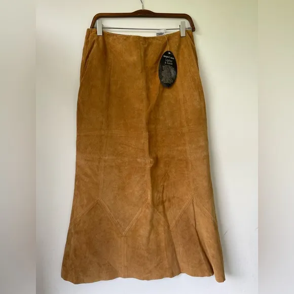 Newport News Easy Style Tan Suede Midi Skirt Size 14P Back Zip 100% Leather NWT