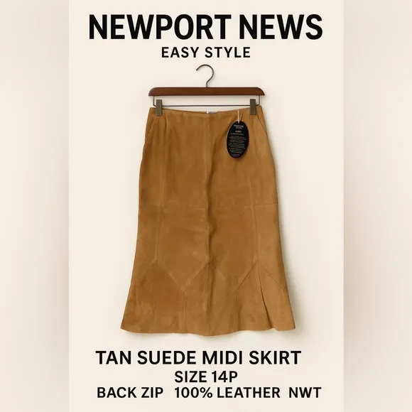 Newport News Easy Style Tan Suede Midi Skirt Size 14P Back Zip 100% Leather NWT