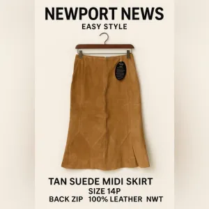 Newport News Easy Style Tan Suede Midi Skirt Size 14P Back Zip 100% Leather NWT