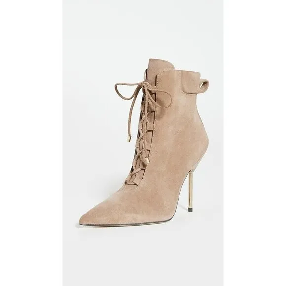 NIB $275 GOOD AMERICAN SCANDAL STONE BEIGE SUEDE STILETTO BOOTS SIZE 12