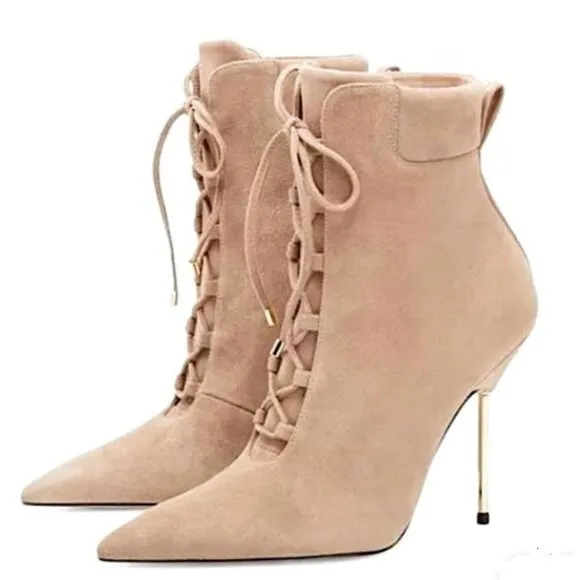 NIB $275 GOOD AMERICAN SCANDAL STONE BEIGE SUEDE STILETTO BOOTS SIZE 12